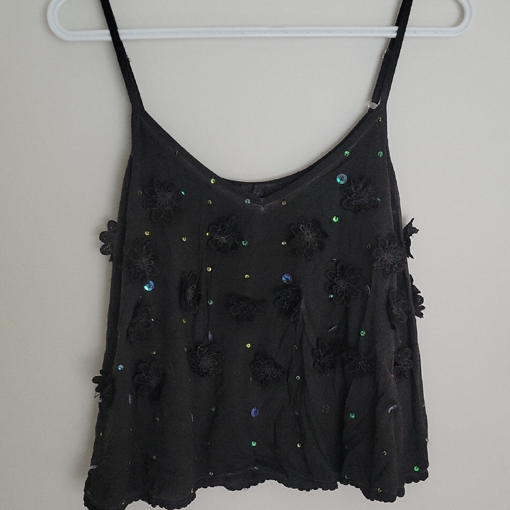 POL Black Whimsy GOTH fairie Boho Embellished Swing Flowy Tank SZ S